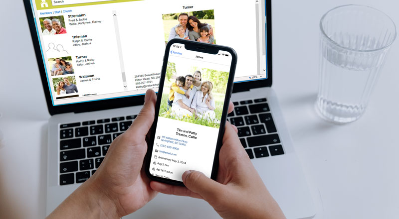 Instant Church Directory photo image of the directory on a phone screen and also on the laptop screen